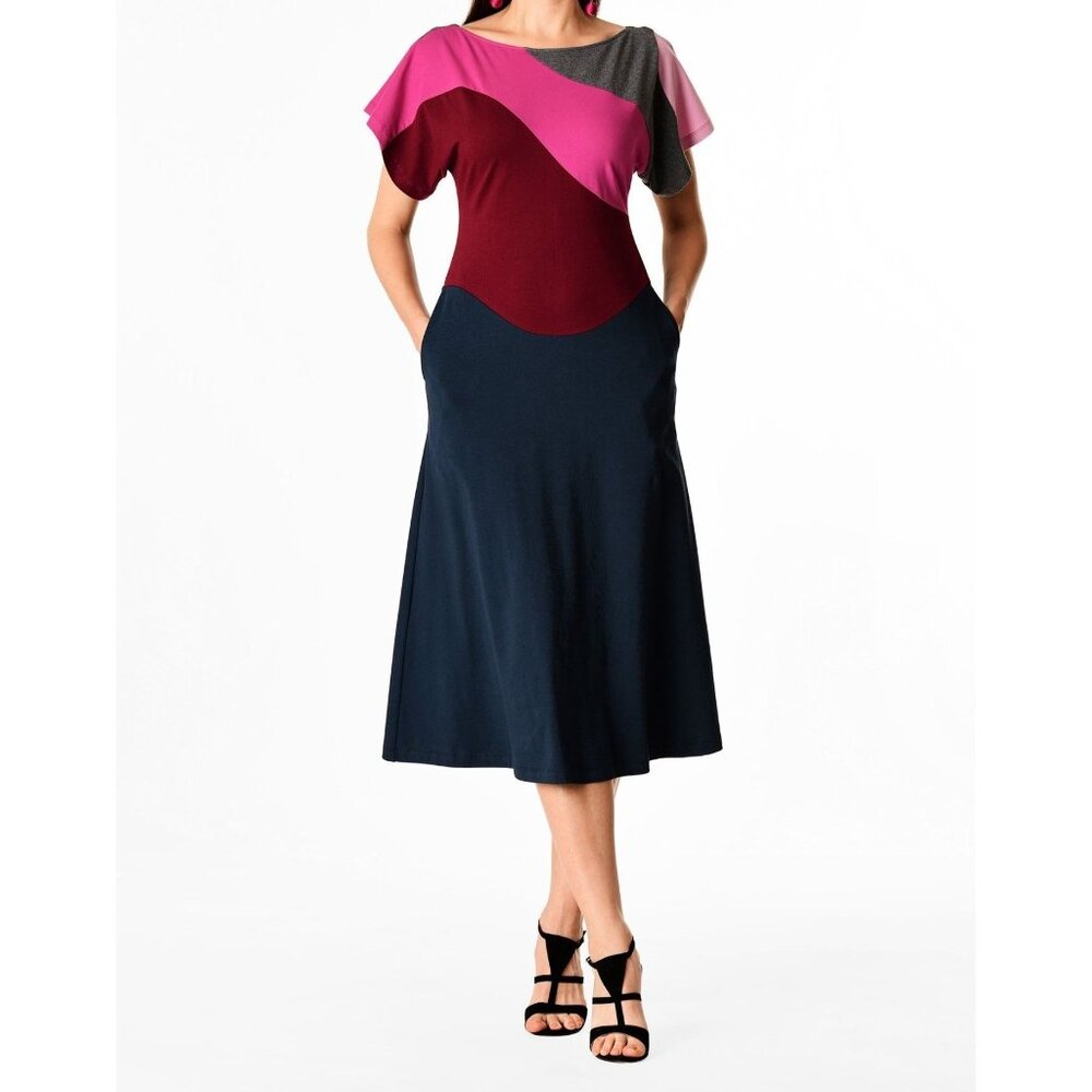 Eshaki Women's Sz 4 Colorblock Midi‎ Shift Dress Short Sleeves Preppy Old Money